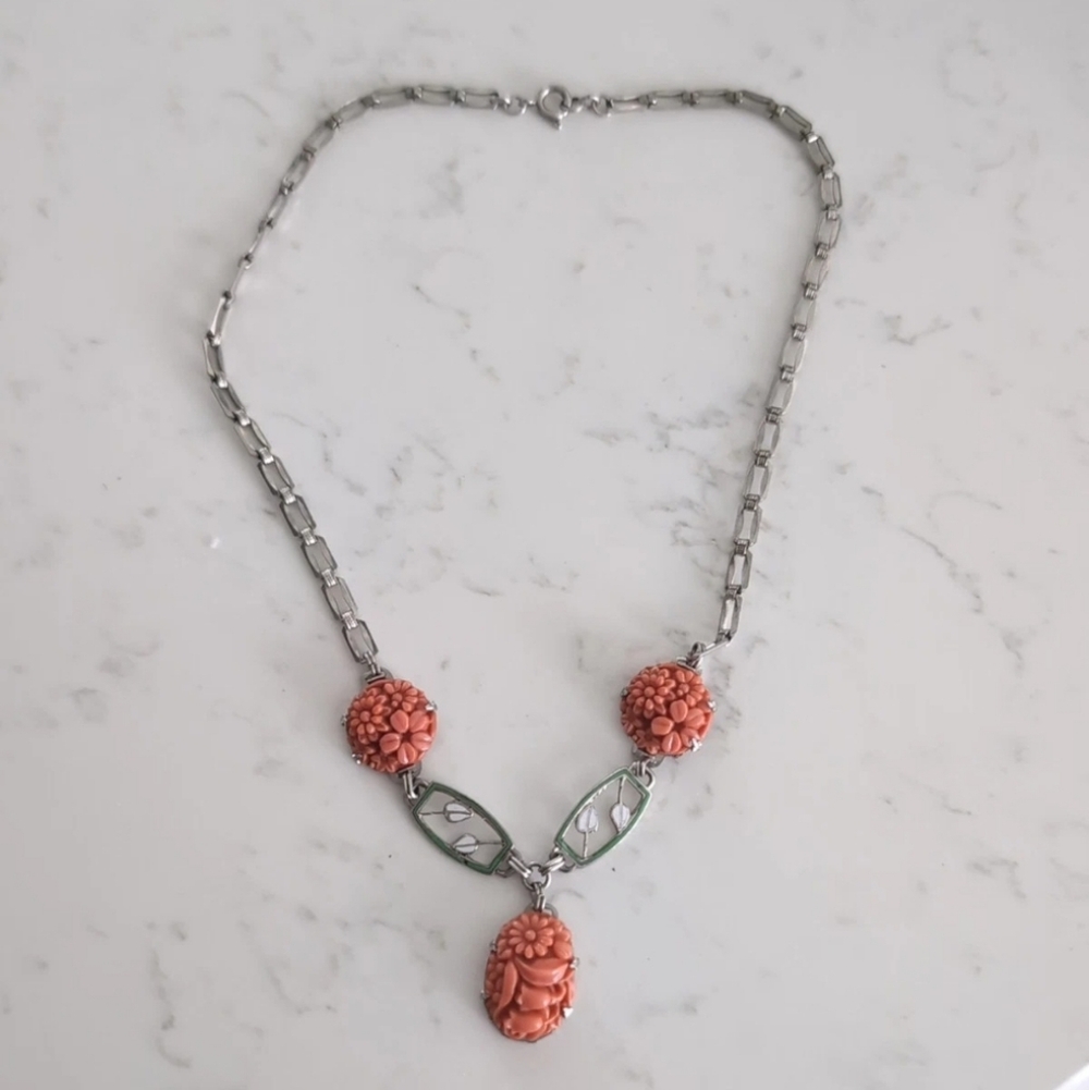 Vintage Art Deco Faux Coral Celluloid Necklace-1930s